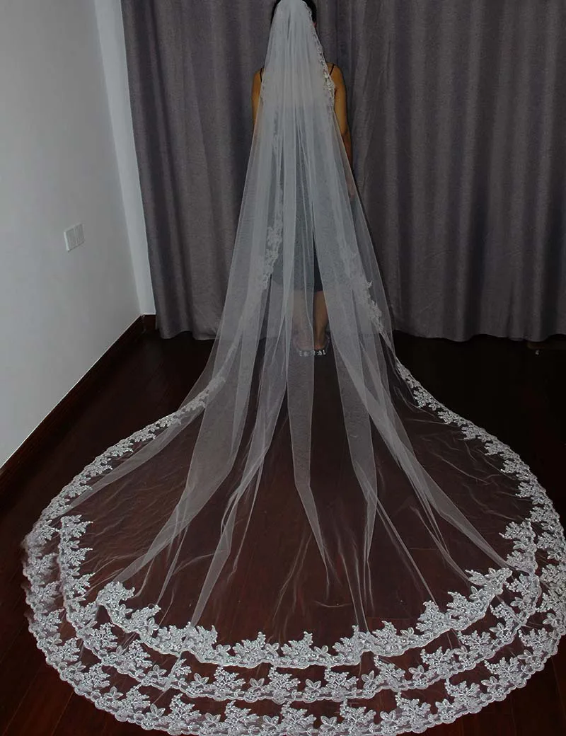 Свадебная фата в винтажном стиле длиной 3 м длинная Кружевная аппликация один