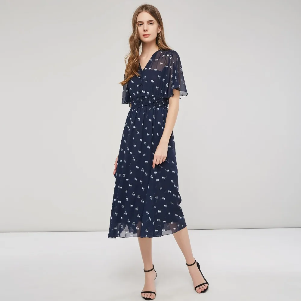 Для женщин летние платье с рукавом рюшами V шеи Boho Повседневный шифоновый пляжный