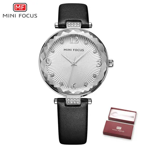 P BLACK SILVER Роскошные женские часы от топ бренда MINI FOCUS, кварцевые часы, стразы, розовый циферблат, ремешок из натуральной кожи, элегантные женские наручные часы - Цвет: P BLACK SILVER