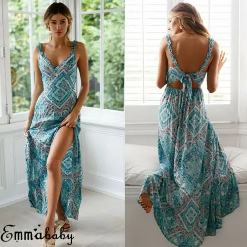 Женское длинное платье макси с бантом открытой спиной и v образным вырезом летние