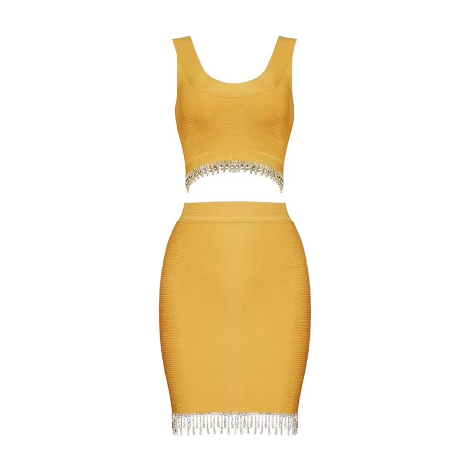 2018 Summer New Orange Sleeveless Bandage Dress High Quality Sexy Bodycon Two Piece Beaded Fringe Party | Женская одежда