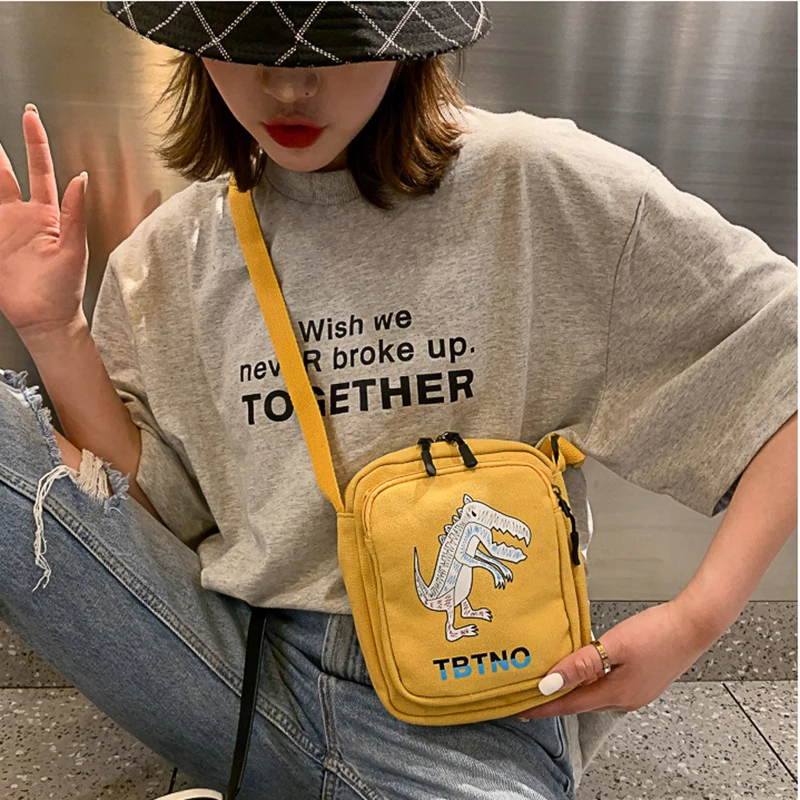 2019 New Original Design Ladies Canvas Shoulder Bag Cartoon Dinosaur Printing Handbags Fashion Wild Messenger Yellow Flay | Багаж и сумки