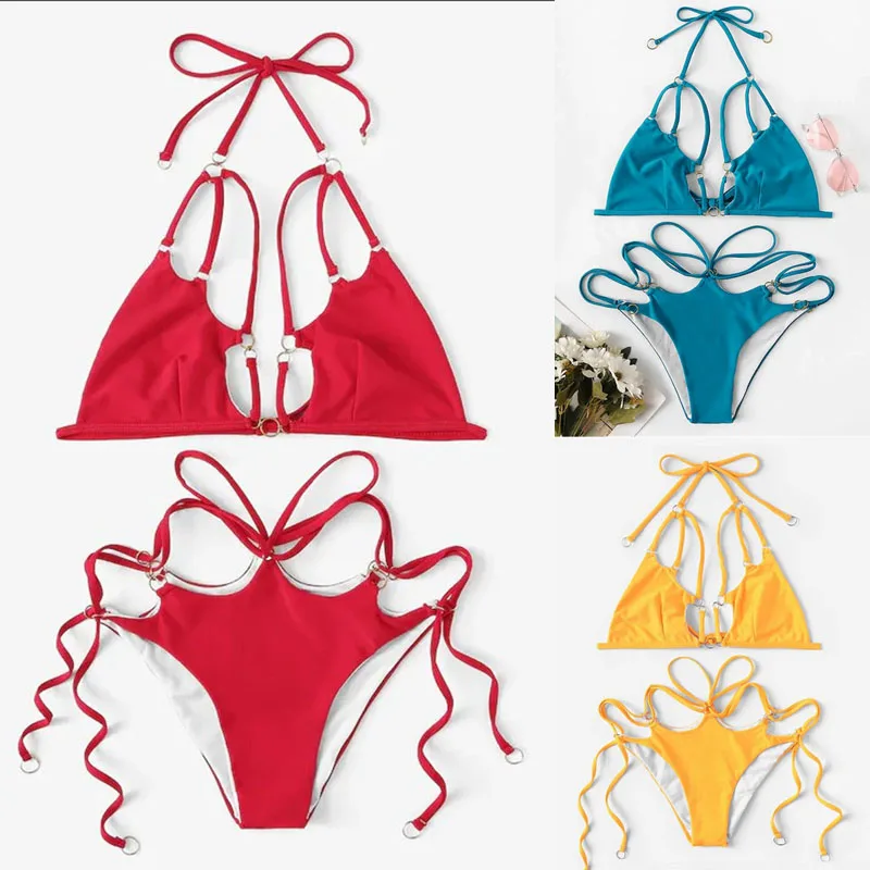 Sexy Cross Hollow out Bandage Bikini 2019 Swimwear Women Swimsuit Tie Up High Waist Set Beachwear Maillot De Bain Femme | Женская одежда