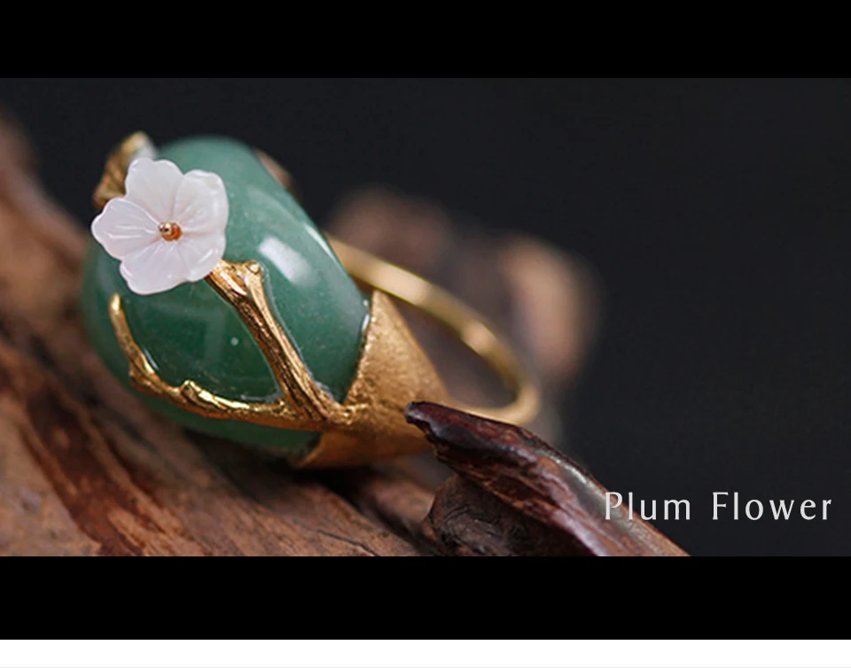 Lotus Fun Настоящее 925 пробы серебро натуральный розовый зеленый камни дизайн ручной работы ювелирные украшения цветок сливы кольца для женщин