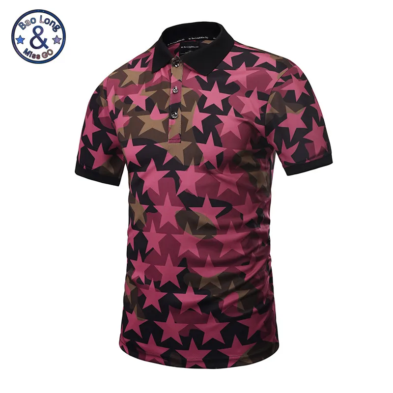 2017 Mr.BaoLong&ampMiss.GO Summer The New Men's 3D printing Five-pointed star Short-sleeved polos luxurious Lapel Tops polo Sh | Мужская