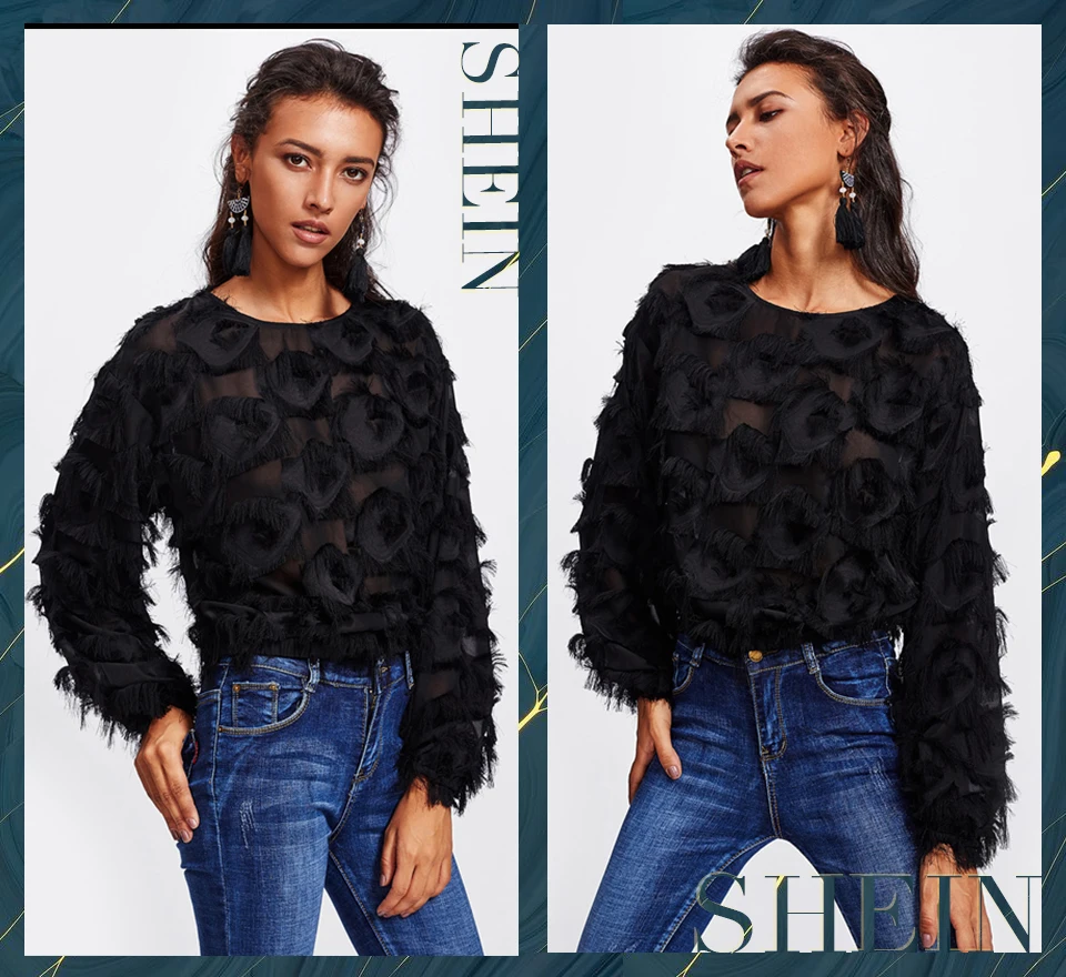 SHEIN, топ с бахромой, сетчатый топ, сексуальные осенние женские топы и блузки, черные, с длинным рукавом, круглый вырез, элегантные женские топы