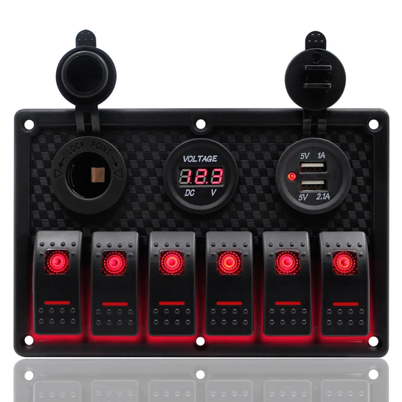 

6 Gang Rocker Switch Panel 12V 24V ABS RV Car Trailer Boat Marine Red LED Rocker Switch Panel Circuit Breaker Dual USB Port