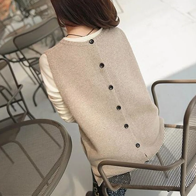 Knitted Vest Women Casual Round Neck Sleeveless Sweater Loose Knitwear With Back Button Pockets Outwear Female Oversize Pullover | Женская