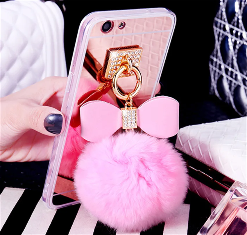 Luxury Rhinestone Mirror Case For iPhone X Cute Fur Ball Tassel Clear Soft Phone 5S 6 6S Plus 8 7 Capa |