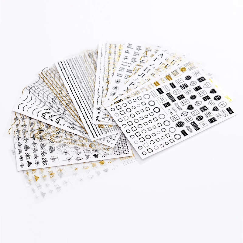 3D наклейки для ногтей геометрические буквы цветы смешанные узоры золотой черный
