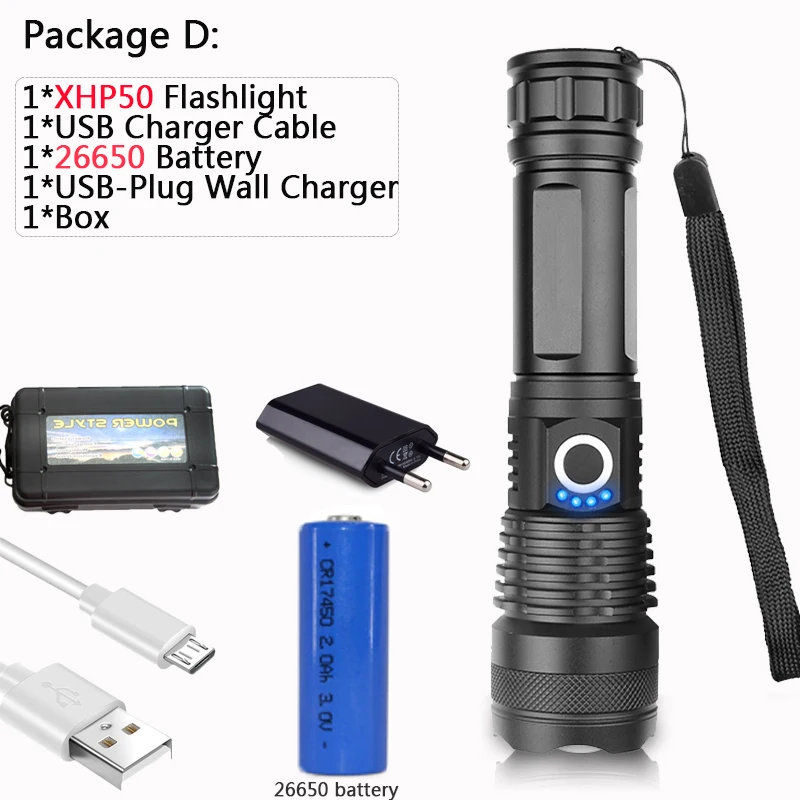 D 50000 люмен лампа xhp70.2 самый мощный фонарик usb Zoom СВЕТОДИОДНЫЙ Фонарь xhp70 xhp50 18650 или 26650 Аккумулятор для наружного кемпинга - Испускаемый цвет: D