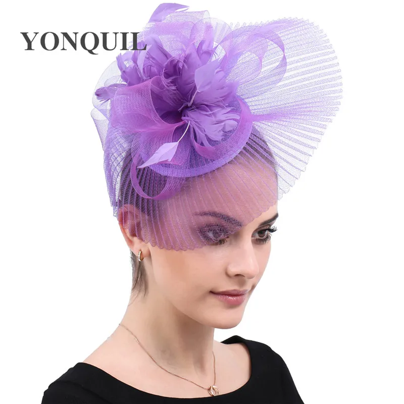 

Lavender Mesh Kenducky Derby Cocktail Feathers Fascinators Hats Elegant Hair Accessories Wedding Chapeau Headwear Ladies Female