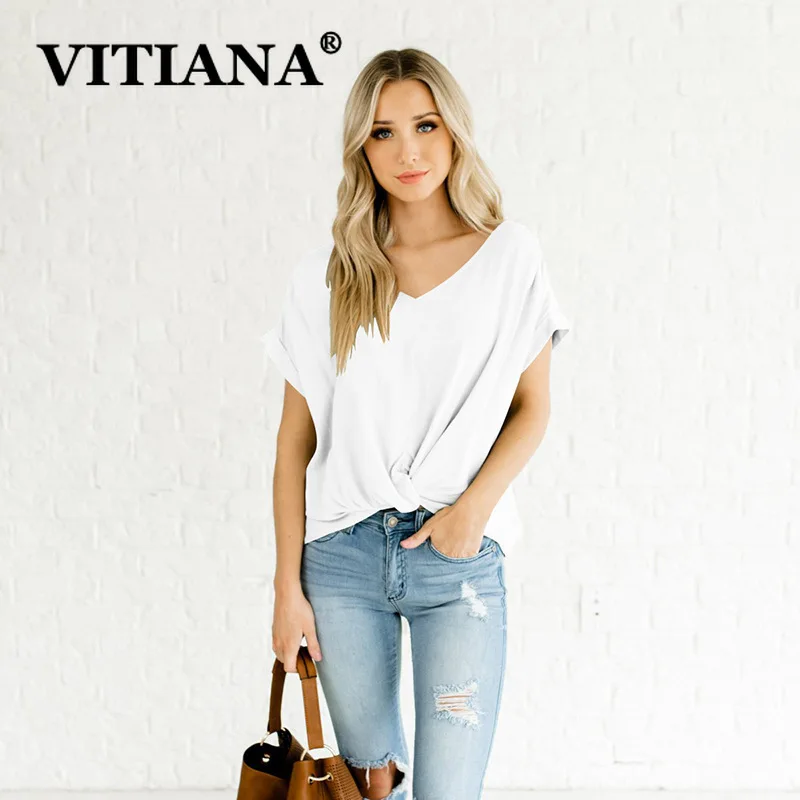 VITIANA Женская Повседневная футболка лето 2019 Формальная однотонная черная с