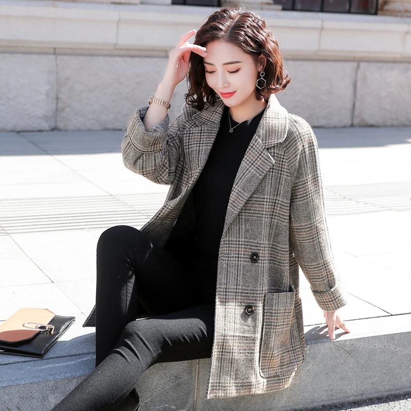 Женская одежда Корейская версия шерстяное пальто в клетку женский короткий