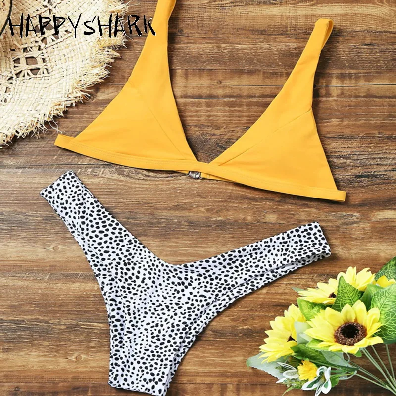 HAPPYSHARK 2018 New Brazilian Bikinis Set Women Cobblestone Printed Swimsuit High Cut Thong Biquinis Yellow Swimwear |