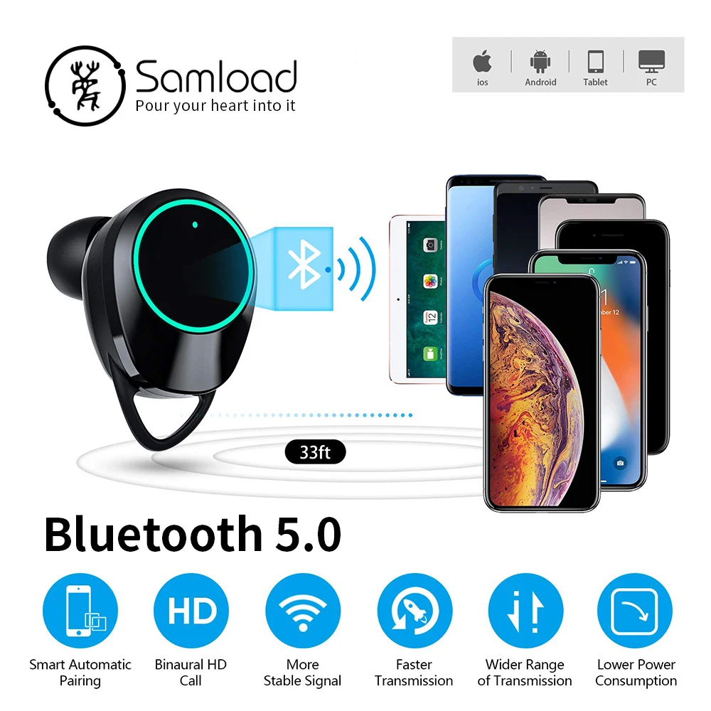 Samload, беспроводные наушники, 5,0, Bluetooth, 3D, глубокий бас, IPX7, для улицы, беспроводные наушники с 3000 мАч, Дополнительный внешний аккумулятор для IOS, Android