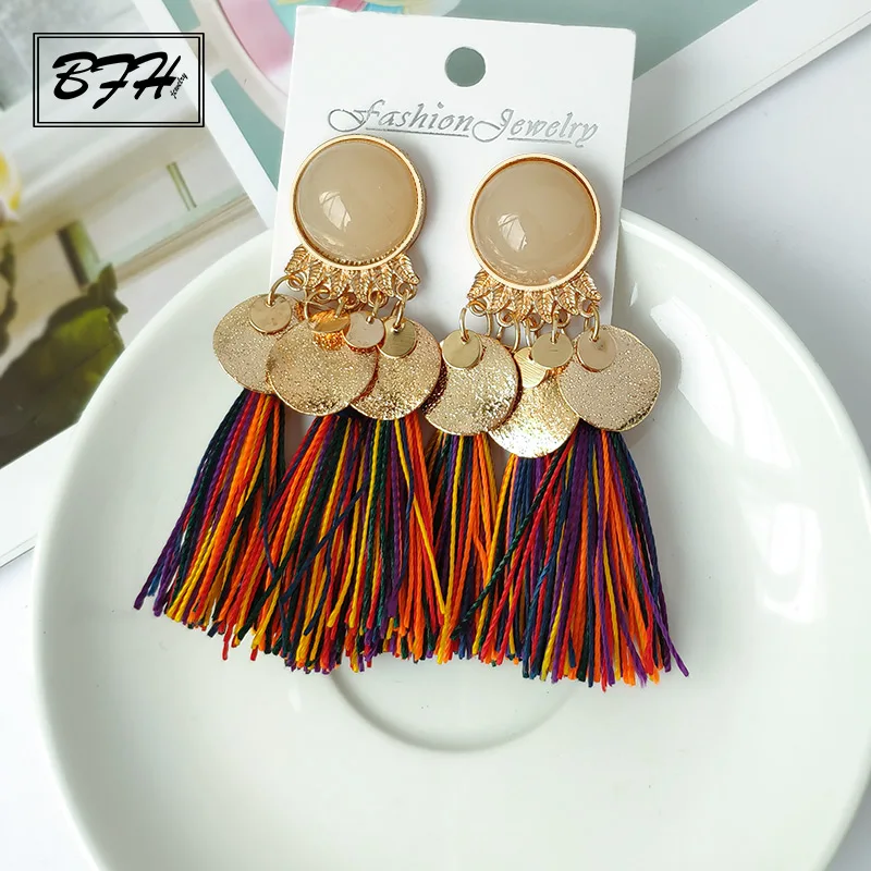 BFH Fashion Ethnic Woman Dangle Drop Earrings Round Resin Tassel for Women Bohemia Summer Jewelry Pendientes oorbellen | Украшения и
