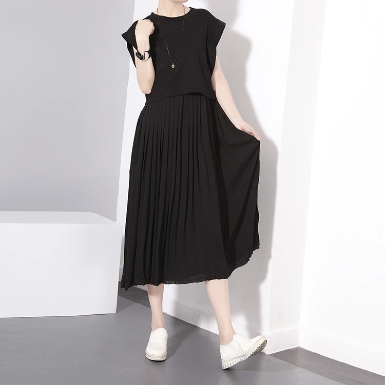 [TWOTWINSTYLE] 2016 новый летний свободные рукава плиссированные подшивание платье