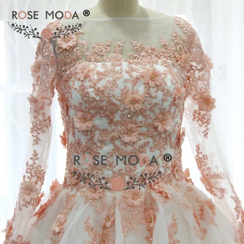 Женское свадебное платье с длинным рукавом розовое цвета слоновой кости