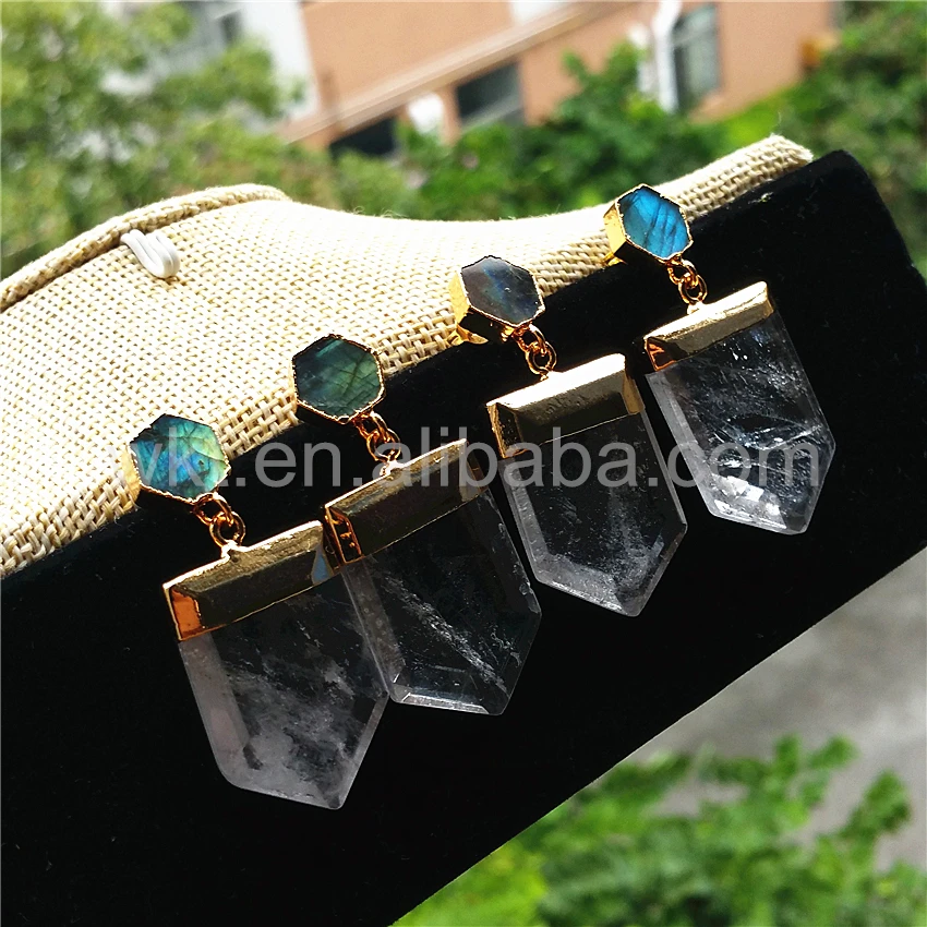 Серьги-подвески из Лабрадорита и кварца с необработанным кварцем ювелирные