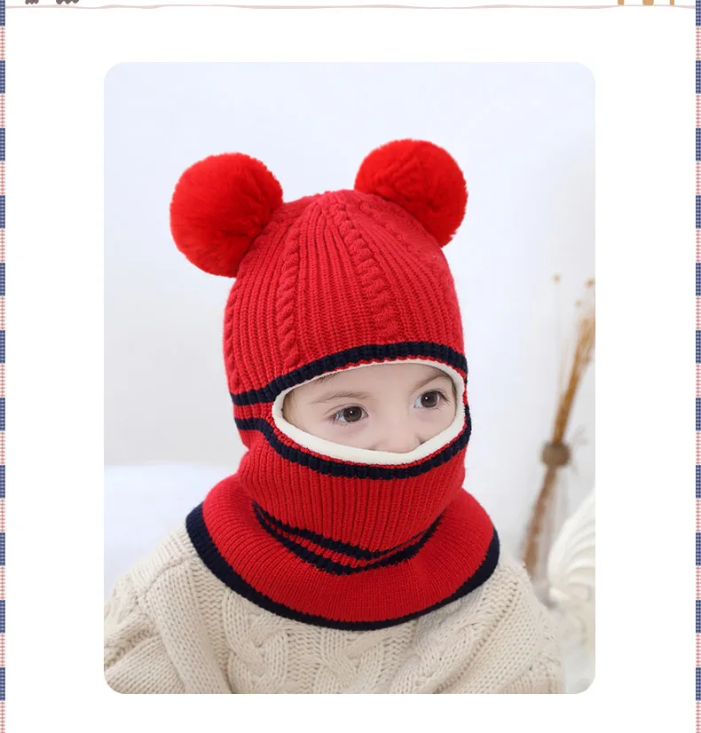 Зимние шапки для детей 2-6 лет, детские вязаные шапки с двумя меховыми помпонами для мальчиков, детские вязаные шапки, защищающие шею лица, шапки-ушанки для девочек