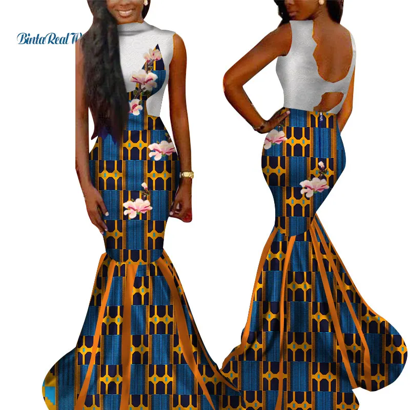 African Print Dresses for Women Bazin Riche Dashiki Women African Clothing Lace Applique Long Mermaid Dresses Vestidos WY3474