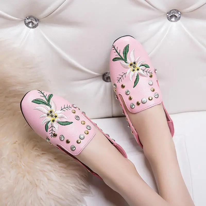 Vintage Embroidered Women Flats Flower Slip On Pu Leather Comfortable Old Peking Ballerina Flat Shoes Sapato Feminino | Обувь