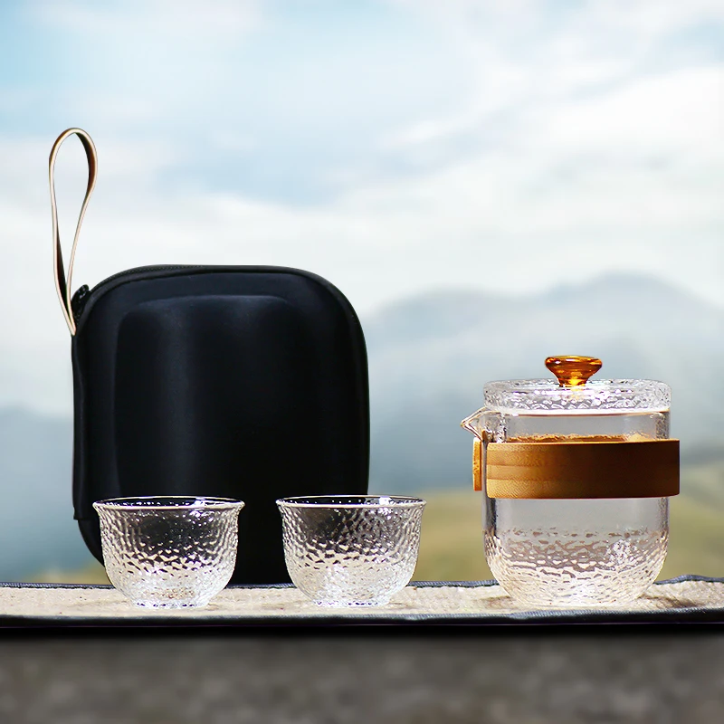 

Creative Heat Resistant Transparent Glass Kung Fu Tea Set Portable Travel Quick Cup 1 Teapot 2 Teacups Teaware Sets Storage Bags