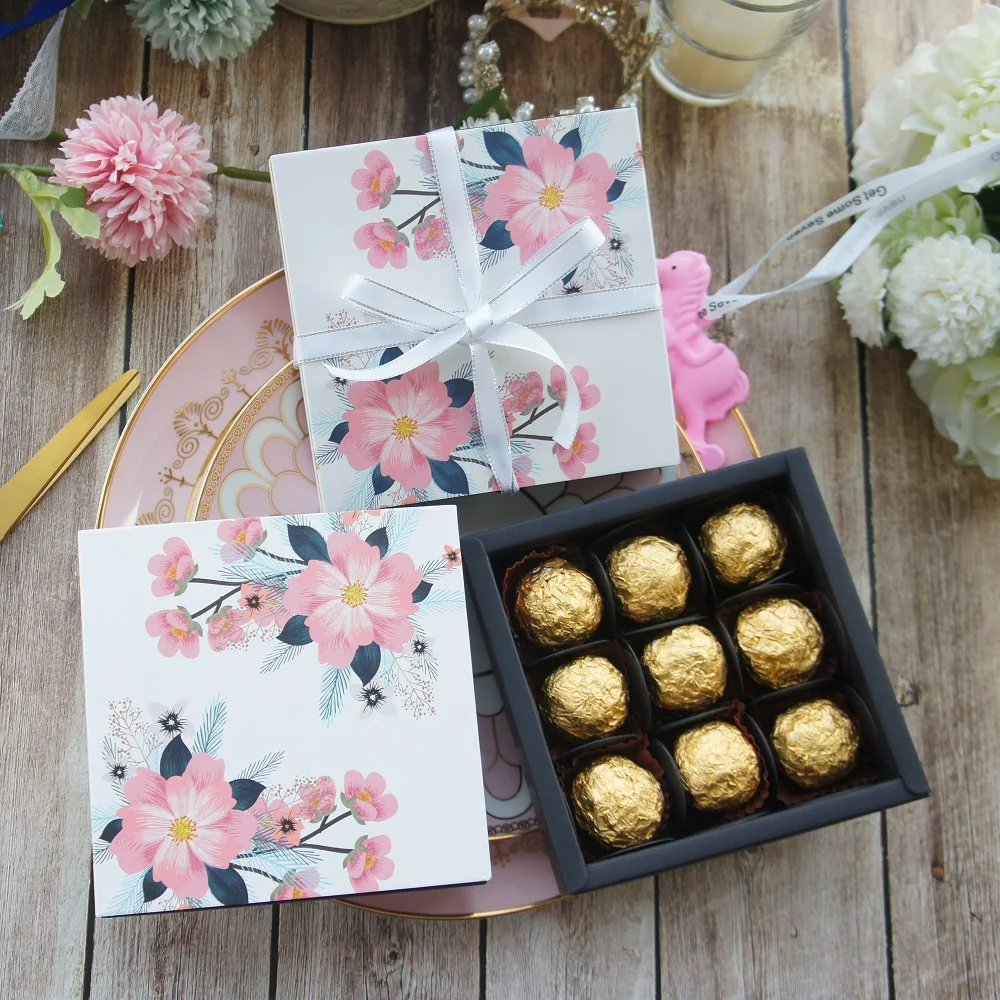 

13.1*13.1*3.5cm elegant blue flower theme 10 set Chocolate Paper Box valentine Christmas Birthday Gifts Packing Storage Boxes