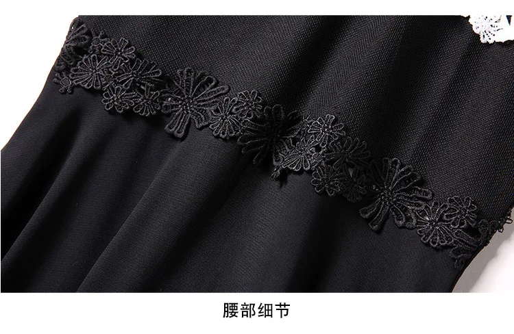 S-XXL, весенне-летнее женское платье, черное, белое, кружевное, лоскутный Топ, черный воротник, бант из ленты, длина до середины икры, элегантное милое платье