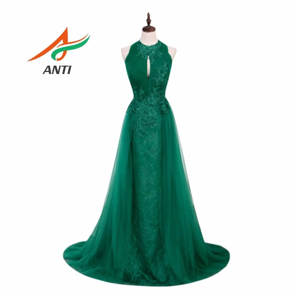 Женское вечернее платье трапеция длинное зеленое с круглым вырезом и