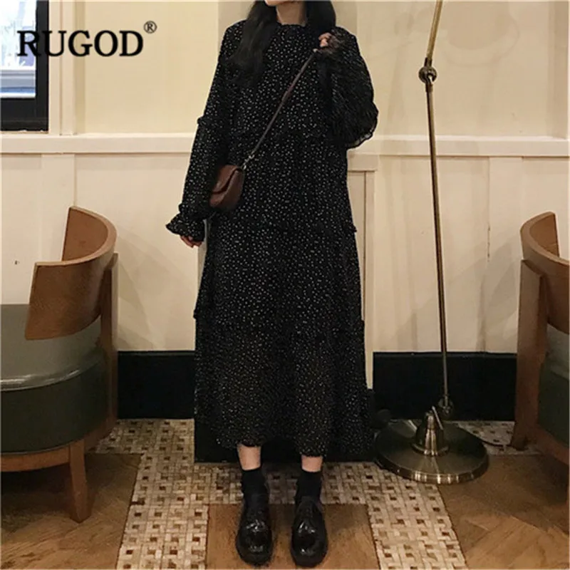 RUGOD 2019 женское платье с цветочным принтом рукава-фонарики миди свободное