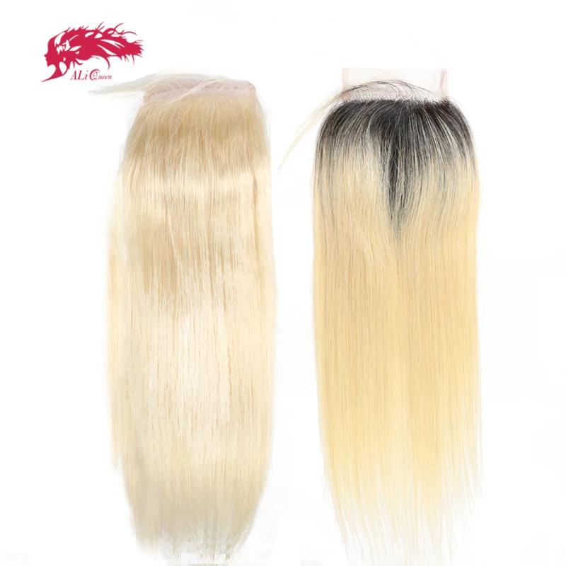 Ali Queen Hair Brazilian Virgin Hair Blonde 613/1b613 Lace Closure Straight Hair Closure Pre-Plucked  130% 4X4/5x5 Free Part