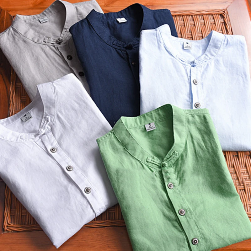 

86 Summer Solid Linen t shirt men with short sleeve Button Decor Chinese Style T shirt men's Retrol Stand Collar Tees 4XL