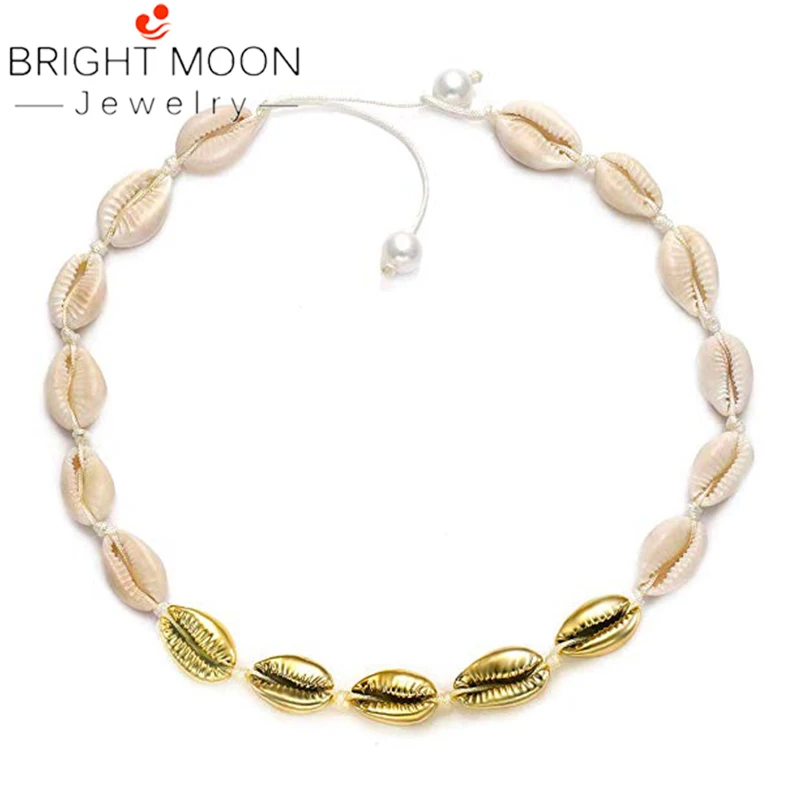 BRIGHT MOON Boho Natural Gold Shell Choker Necklace Adjustable Cowrie Seashell Handmade Rope Cord Beach Jewelry for Summer | Украшения и