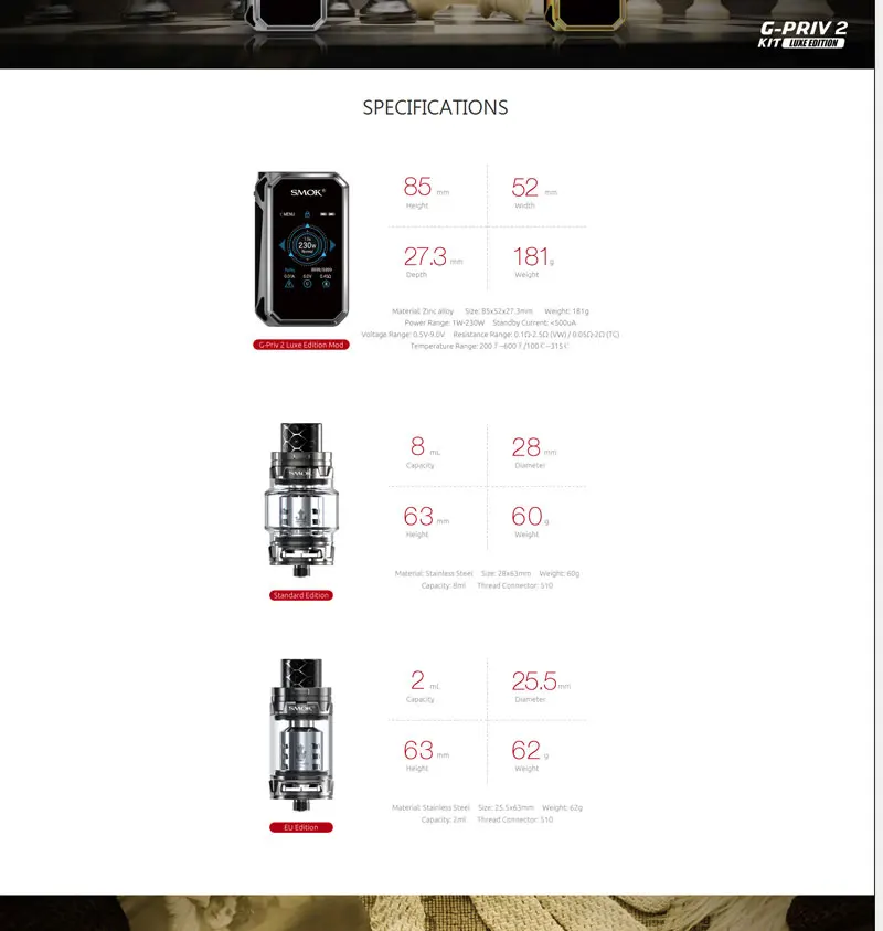SMOK G-PRIV 2 люкс издание коробка мод набор электронных сигарет 8 мл TFV12 принц Танк Большой сенсорный испаритель Vape с батареей 2 шт