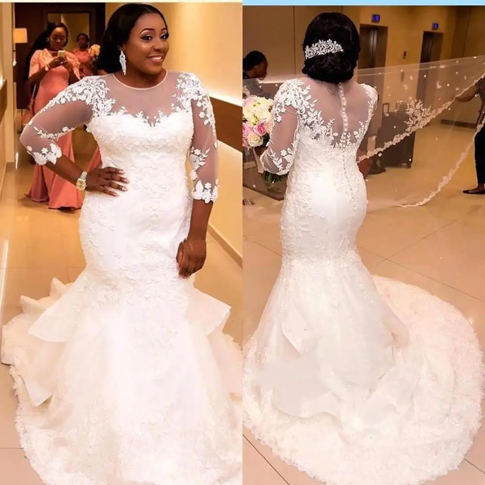 

Vestido de noiva African Mermaid Plus Size Lace Appliqued Wedding Dresses 2019 Illusion 3/4 Sleeves Ruffled Train Bride Dress