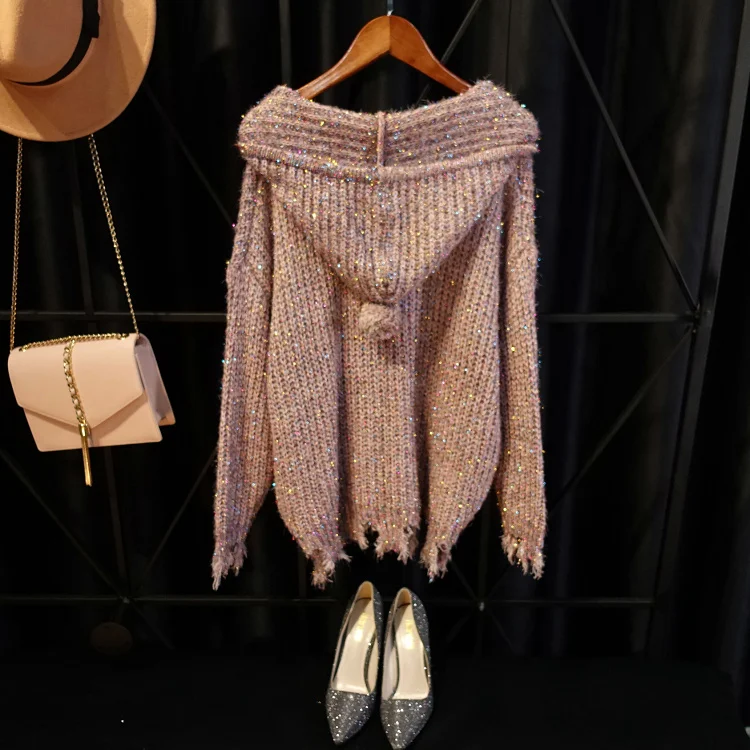 Cakucool New Gold Silver Lurex Sweater Autumn Hooded Long Sleeve Jumpers Ripped Holes Bling Casual Knit Pull Sweaters Top Female | Женская