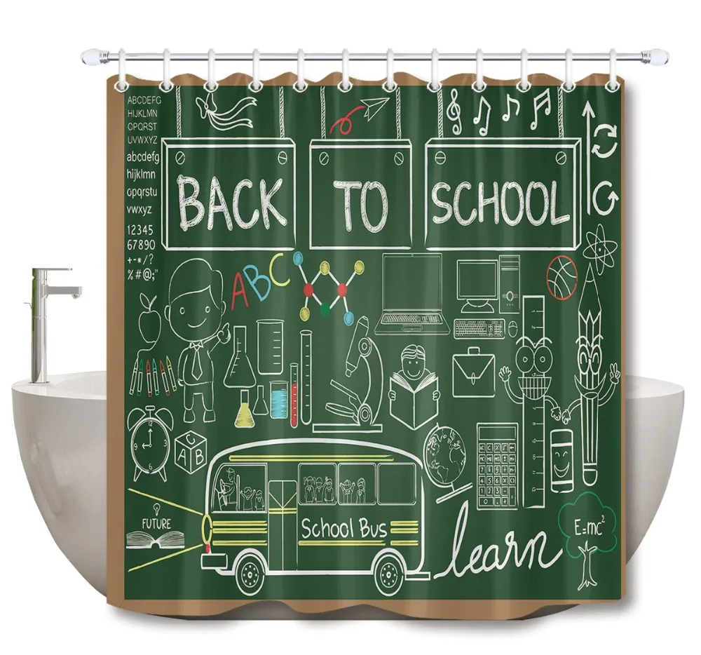 

LB Kids "Back to School" Bus Blackboard Funny Waterproof Custom Shower Curtains Liner Bathroom Curtain Fabric For Bathtub Decor