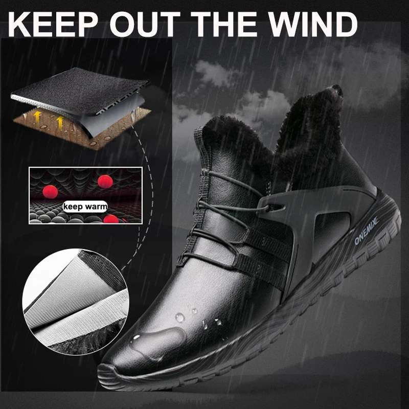 ONEMIX Winter Men Running Shoes Warm Slip On Shoes Men Sneakers Soft Fur Outsole Leather Outdoor Jogging Walking Shoes Snow Boot