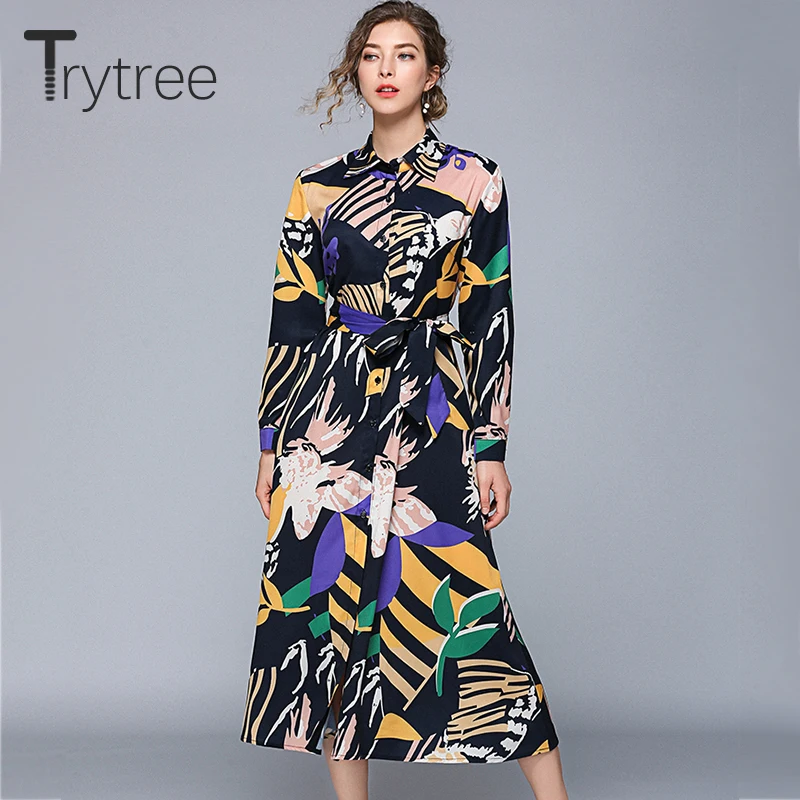 Trytree осеннее богемное платье-рубашка с принтом женские платья отложной воротник