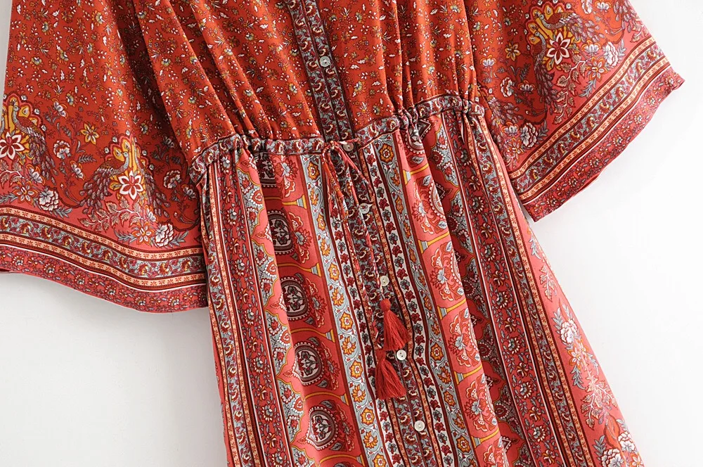 Женское платье с цветочным принтом BOHO длинное поясом на кнопках в этническом