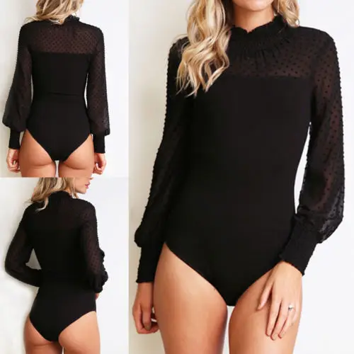 Женское Сетчатое боди с длинными рукавами облегающее трико высоким воротом