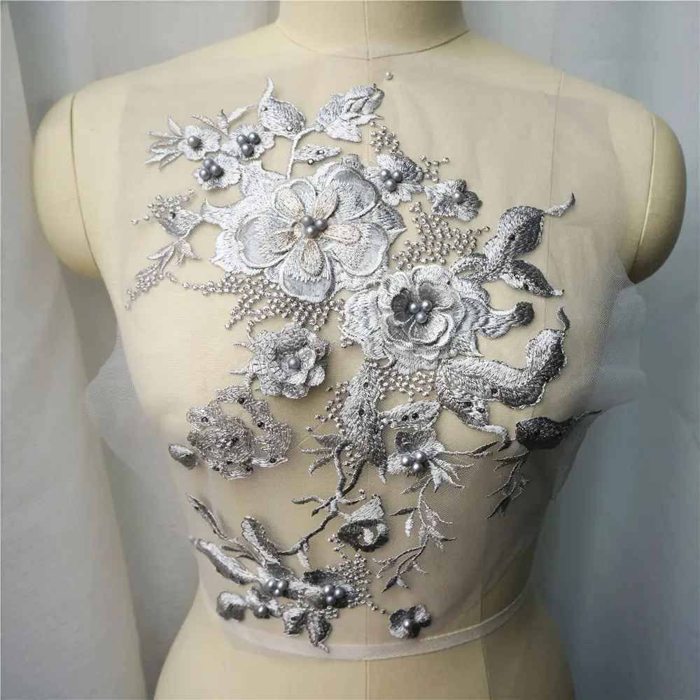 Серые 3D Цветочные бусины стразы аппликации вышитые украшения для свадебного