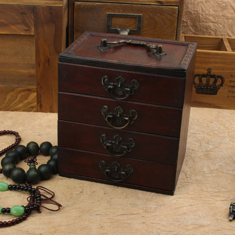 Деревянная шкатулка коробка для украшений с четырьмя уровнями ящика в стиле