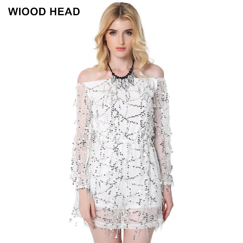 Новинка 2017 года одежда пикантные Off Shoulder Sequin кисточкой летнее платье для пляжной