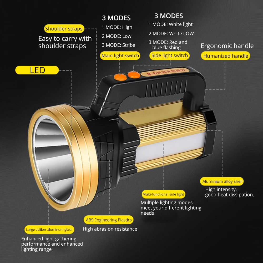 저렴한 160W 초강력 LED 탐조등, USB 충전 손전등, 충전식 내장, 18650 배터리, 전술 토치, 40 시간 작동 램프 저렴한 160W 초강력 LED 탐조등, USB 충전 손전등, 충전식 내장, 18650 배터리, 전술 토치, 40 시간 작동 램프