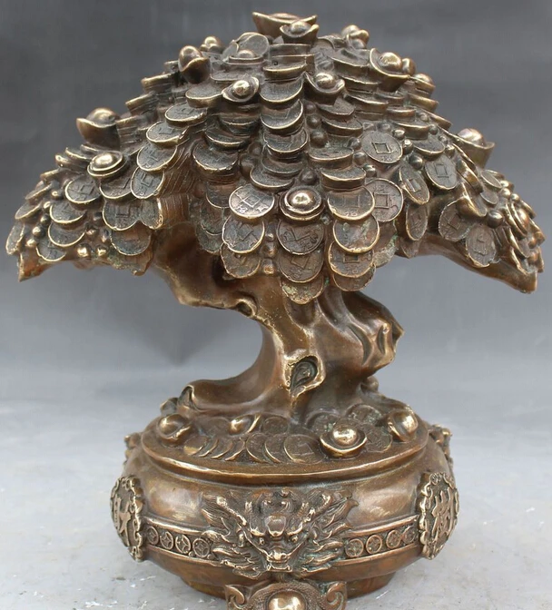 SCY Chinese Bronze Feng Shui Wealth Yuanbao Coins Money Tree Dragon Lion Head Statue R0709 | Дом и сад