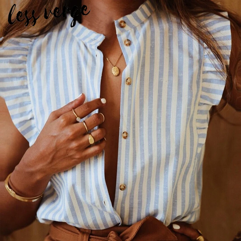 Lessverge Повседневная льняная полосатая блузка рубашка женская элегантная летняя