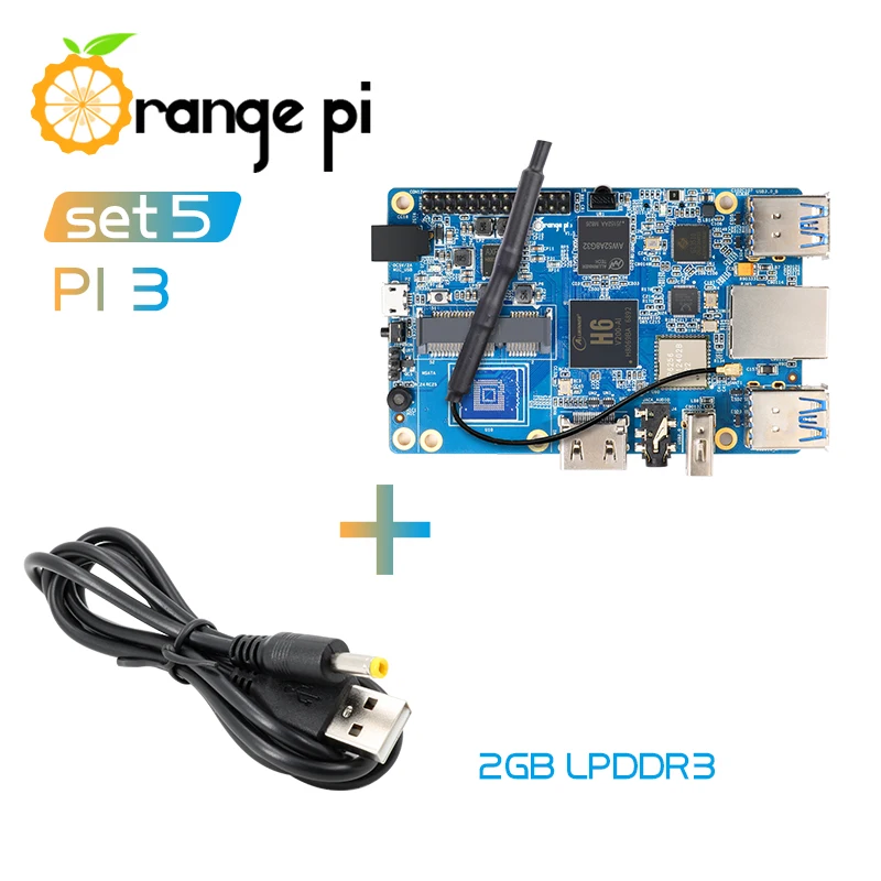 Оранжевый Pi 3 Set5: OPI 3+ USB к DC 4,0 мм-1,7 мм кабель питания, H6 2 Гб LPDDR3 BT5.0 для Android 7,0, Ubuntu, Debian